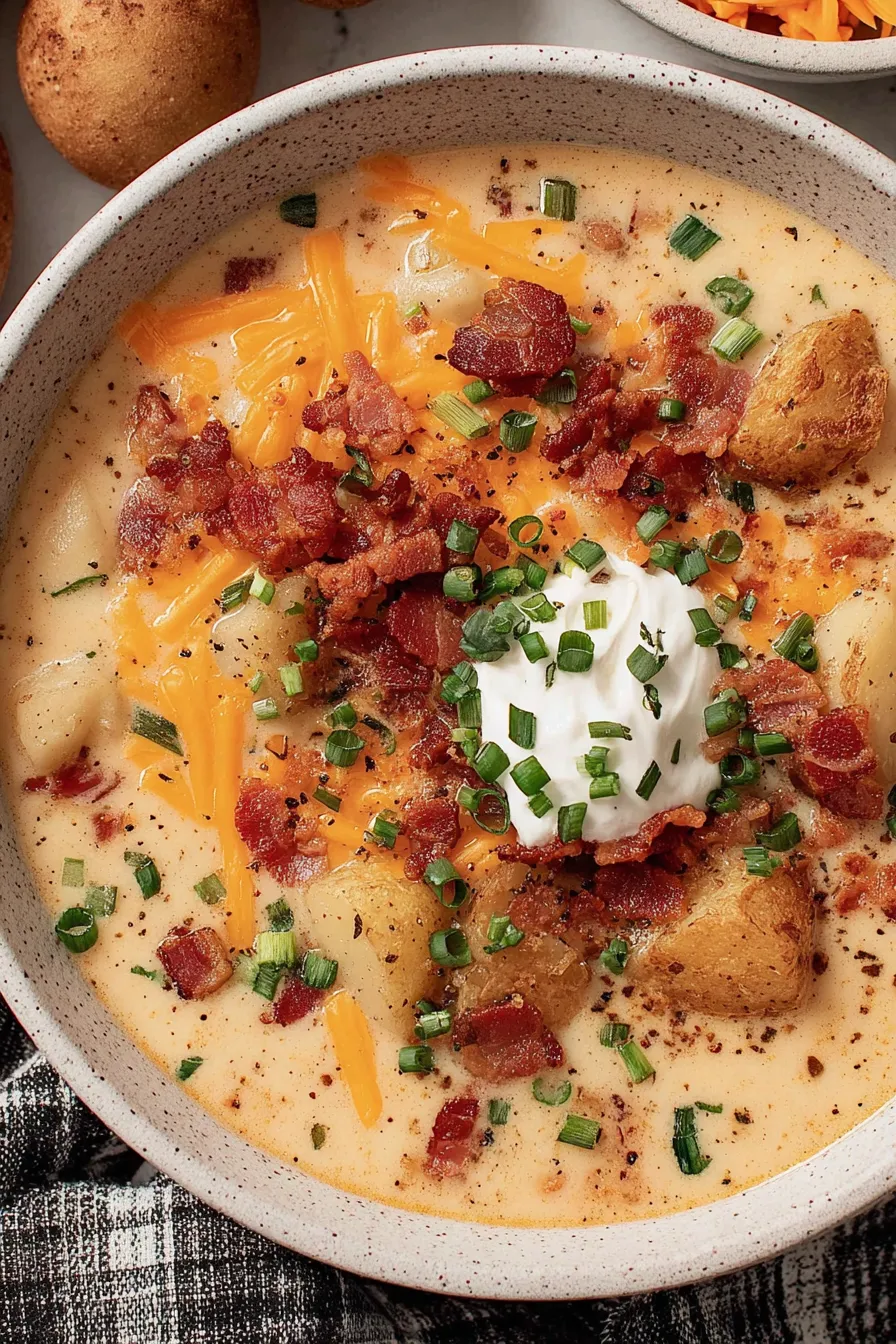 Bowl of creamy potato soup with bacon and green onions
