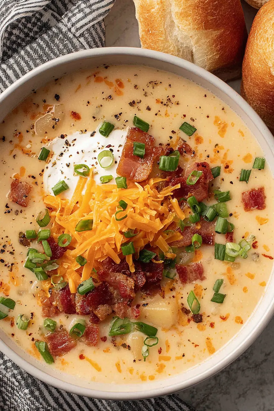Slow cooker filled with potato soup and shredded cheese