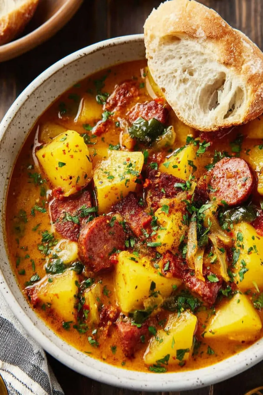 Bowl of spicy chorizo and potato soup with parsley garnish