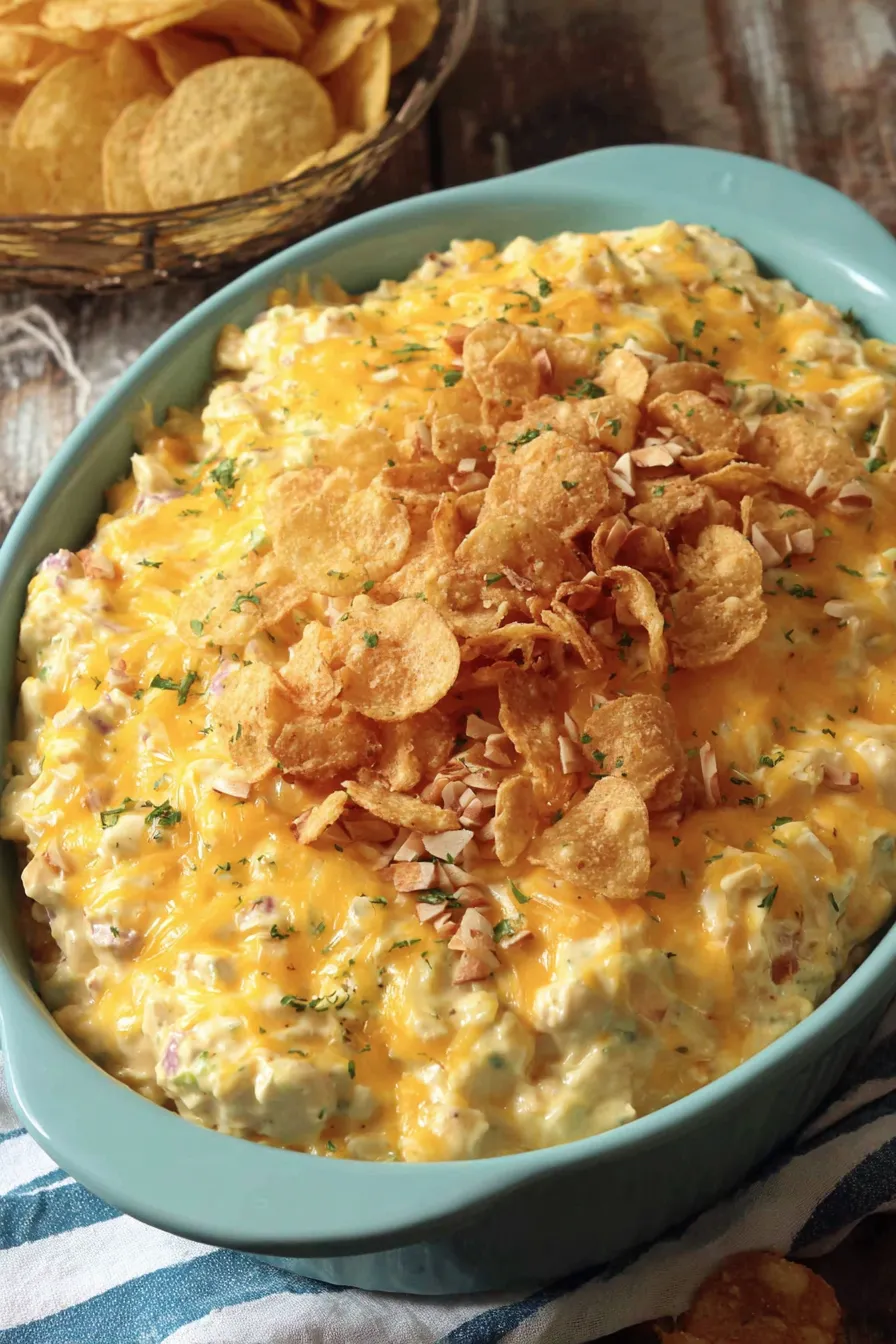 Creamy chicken salad casserole fresh out of the oven with golden chip topping