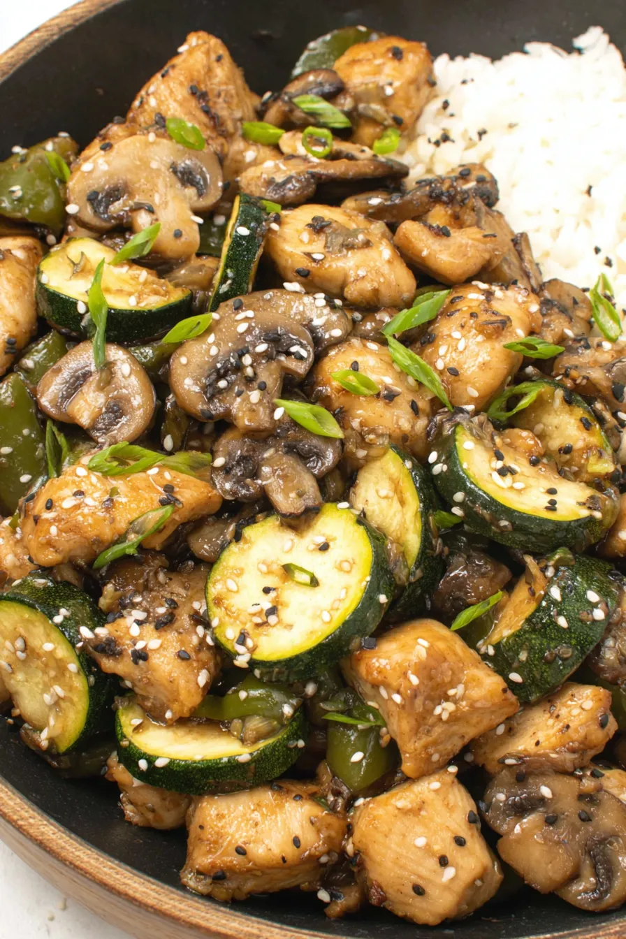 Close up of mushroom chicken with vegetables and sesame seeds