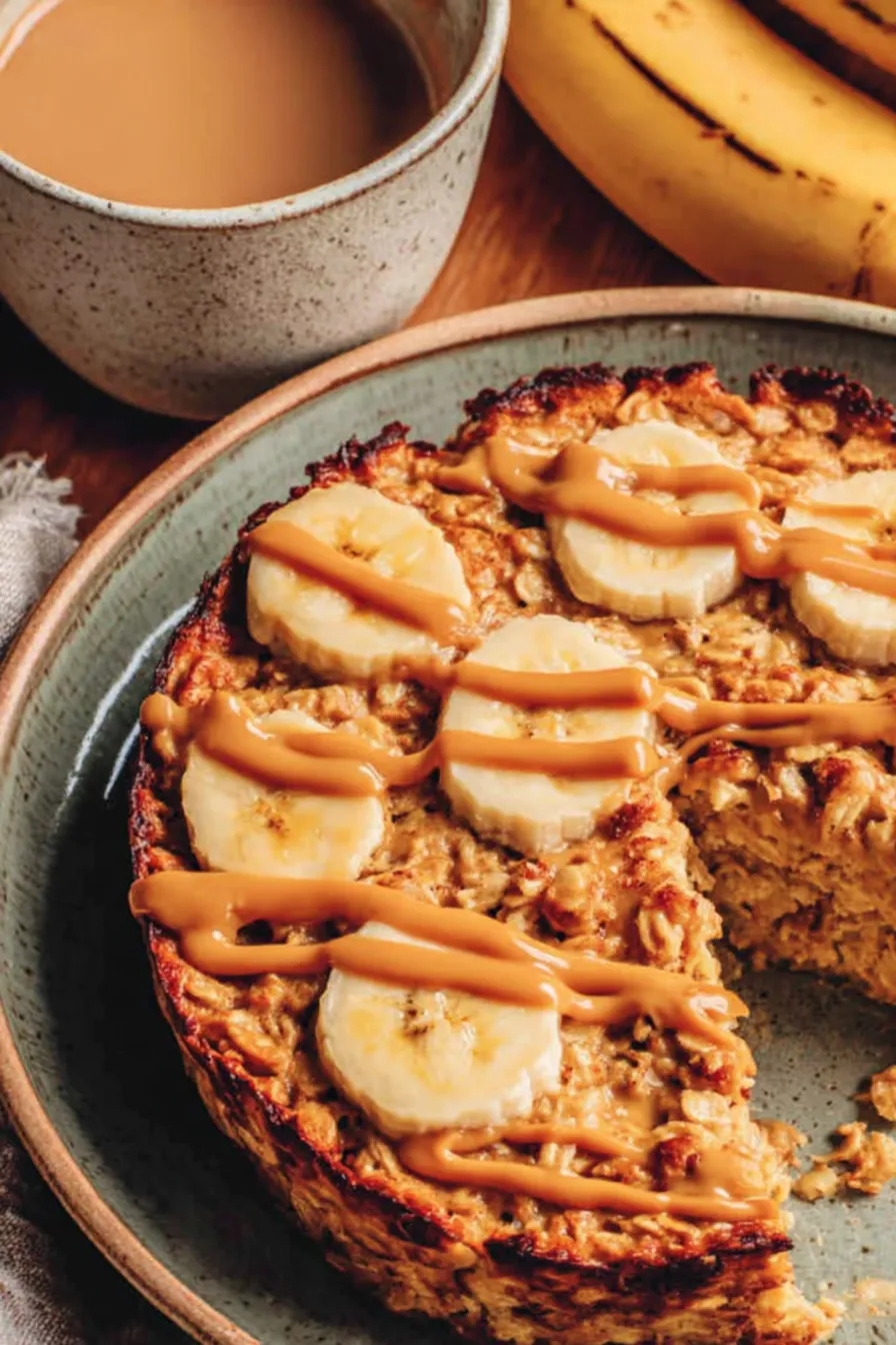 Peanut Butter Banana Baked Oatmeal in an 8x8 pan, golden edges