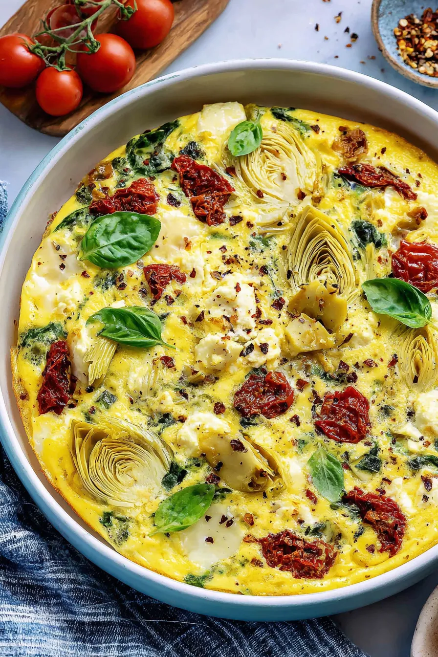 Baked spinach artichoke sun-dried tomato casserole in a 9x13 pan
