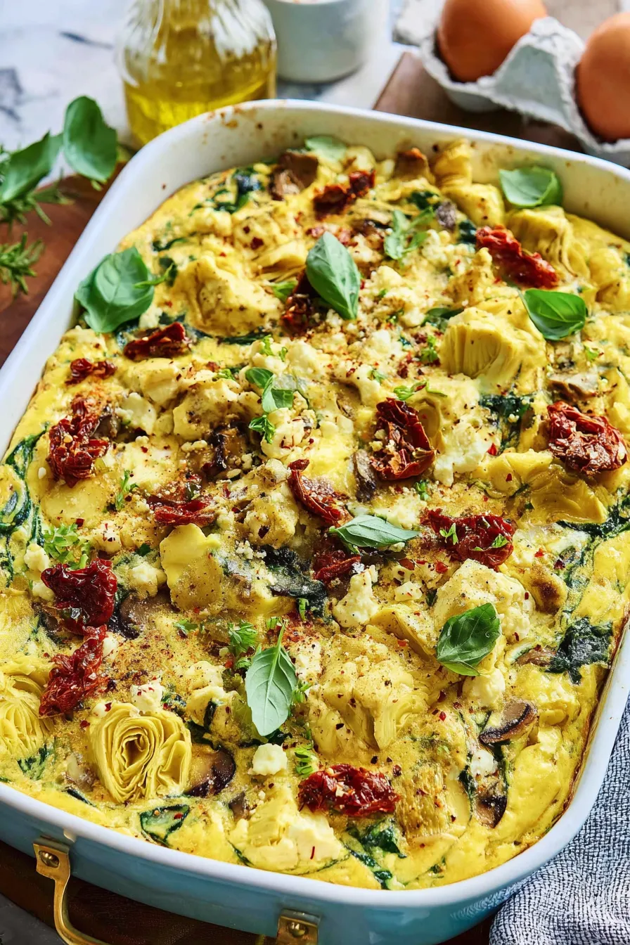 Close-up of a casserole square topped with fresh herbs