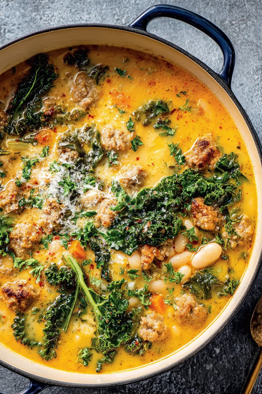 Bowl of sausage, kale and white bean soup topped with Parmesan