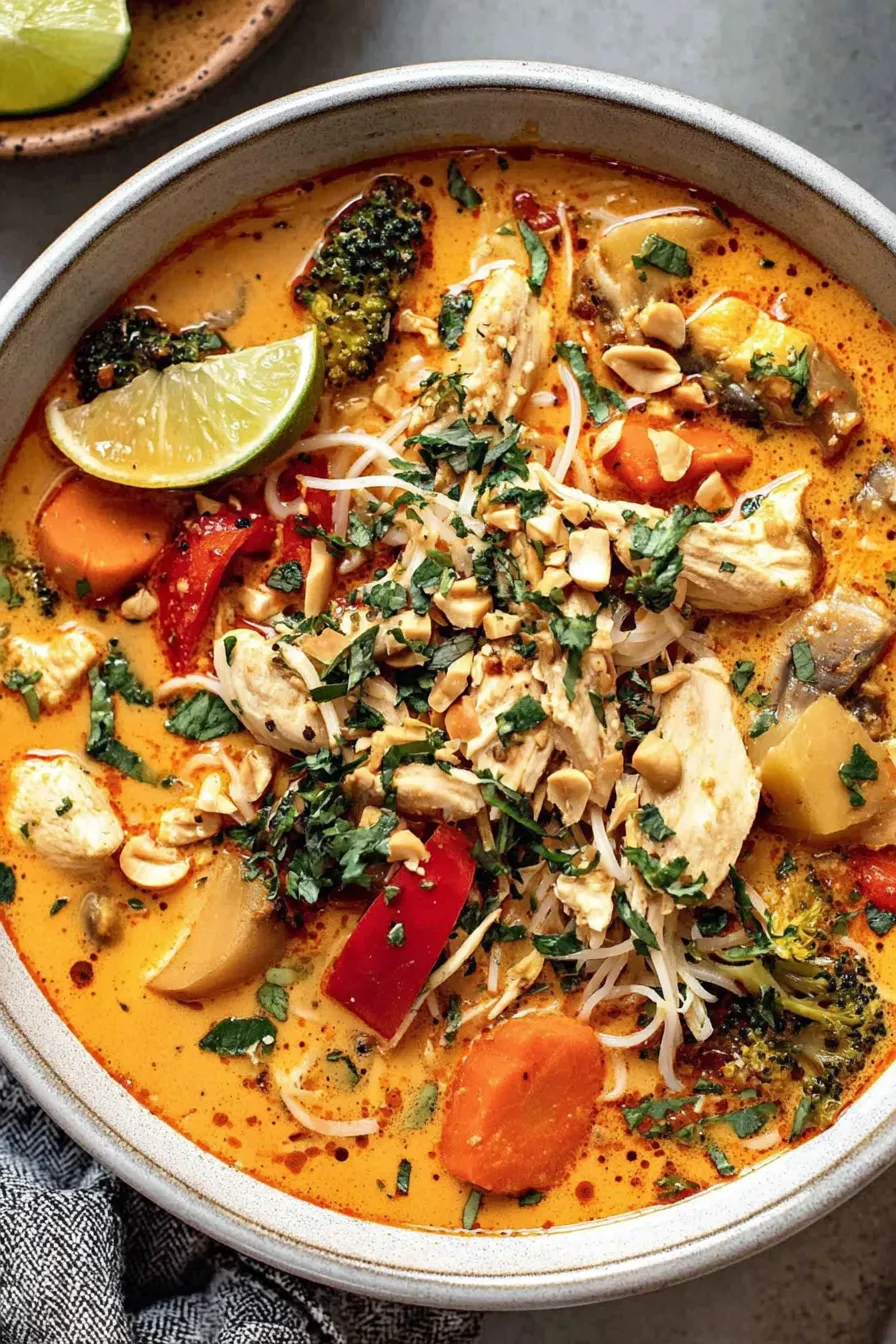 Slow Cooker Thai Chicken Soup steaming in a white bowl topped with cilantro and peanuts