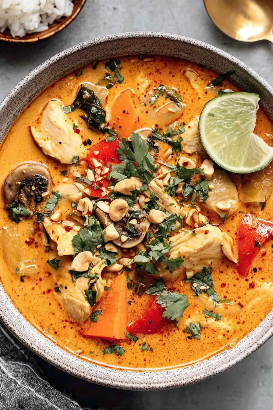Bowl of Thai-inspired soup with peanuts and cilantro garnish