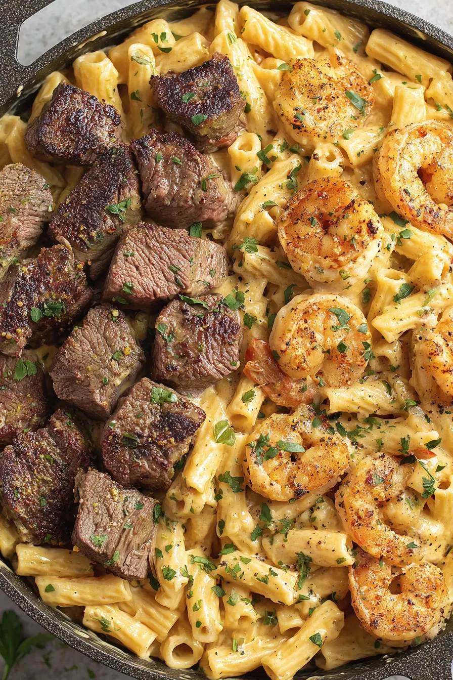 Blackened steak and shrimp Alfredo in skillet