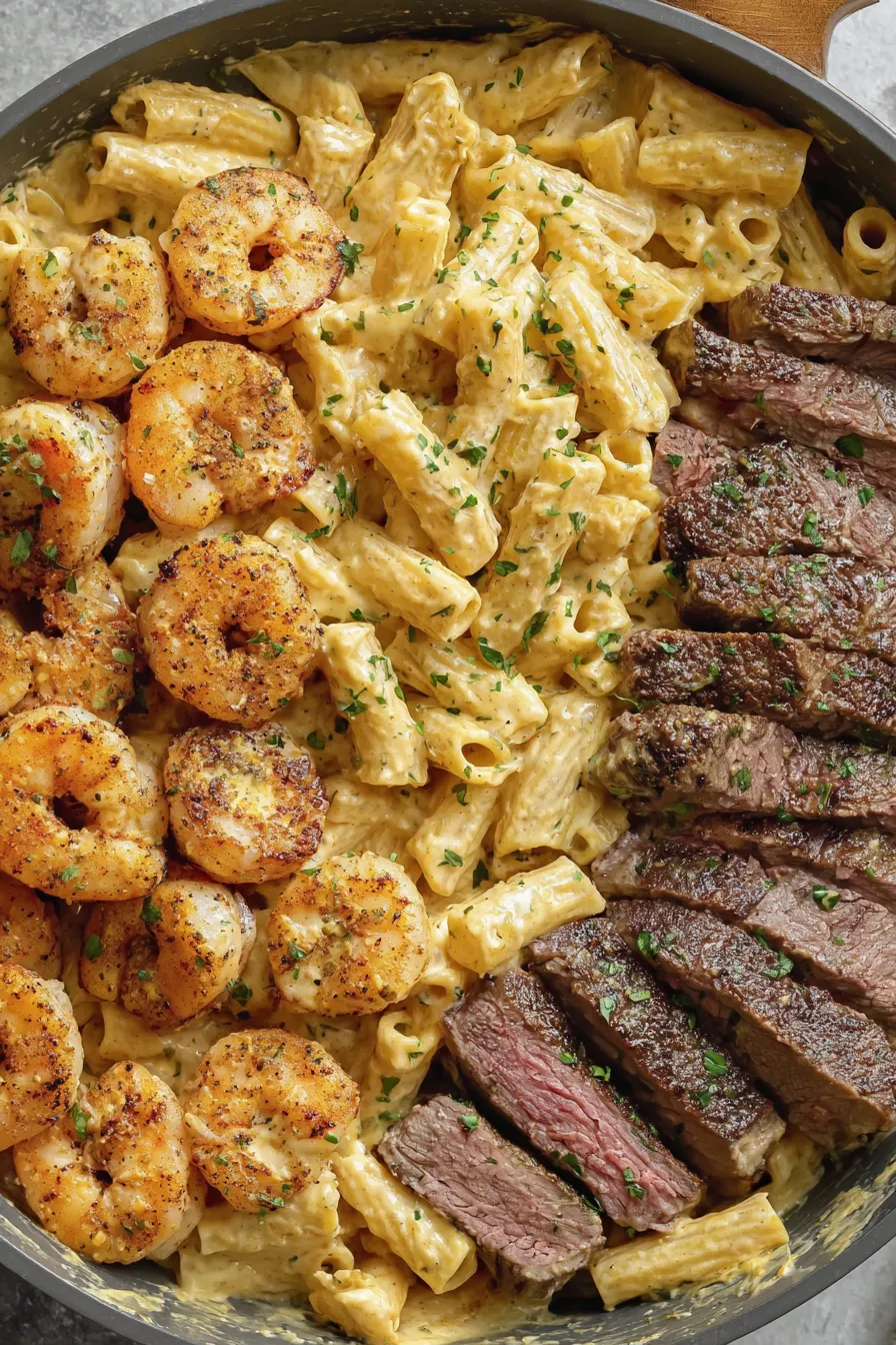 Close-up of creamy Alfredo with steak and shrimp