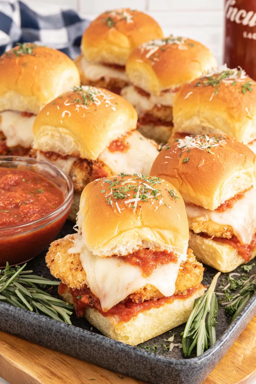 Sliced chicken parmesan sliders with garnish