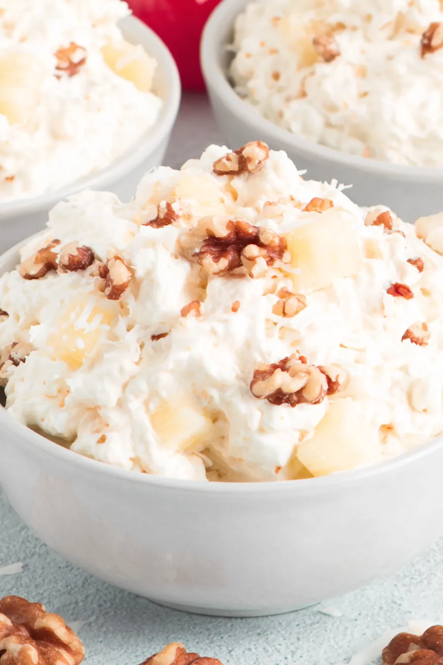 Close-up of Piña Colada Fluff showing marshmallows and coconut