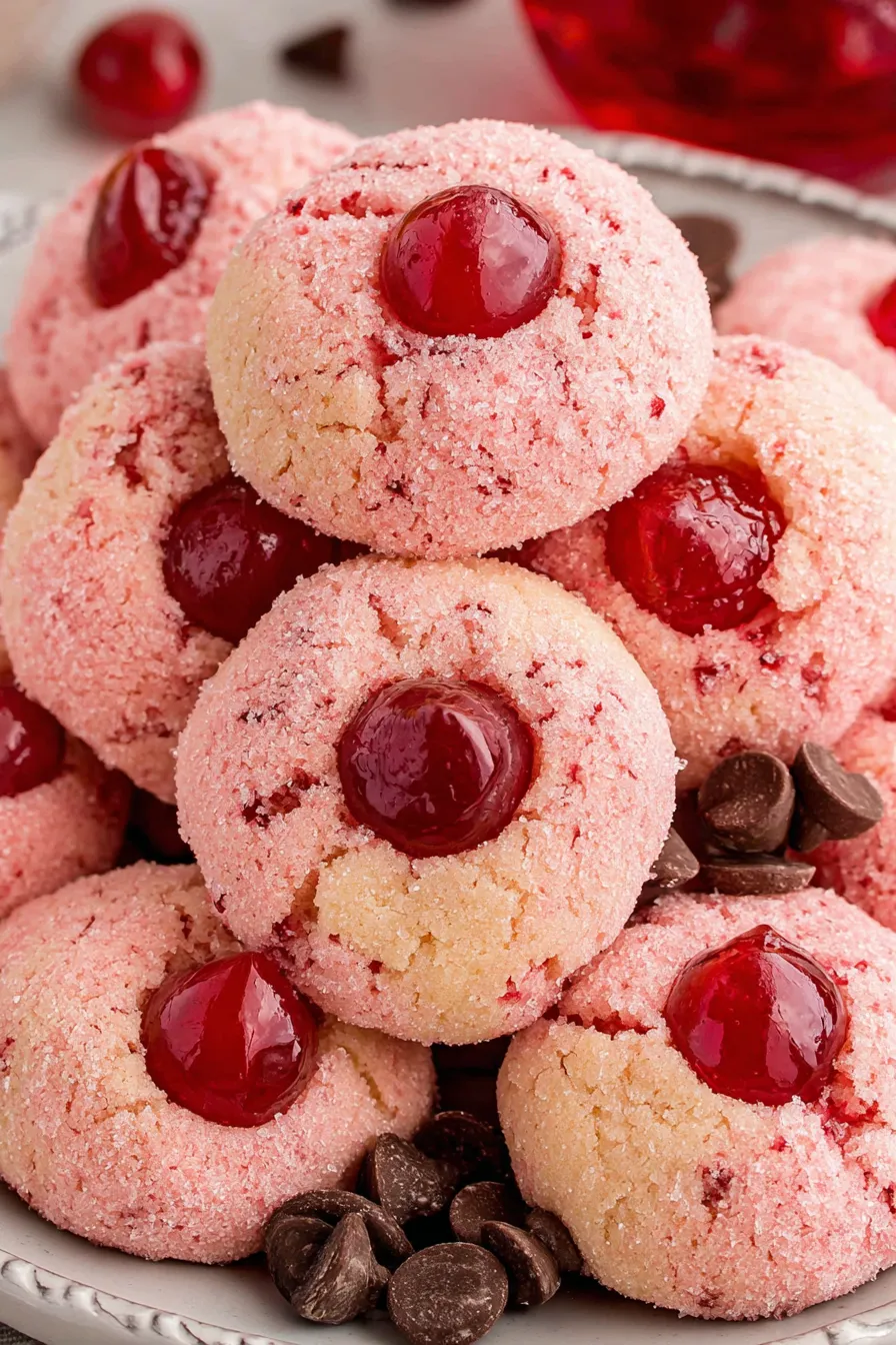 Baked Cherry Kiss cookies on a parchment-lined baking sheet