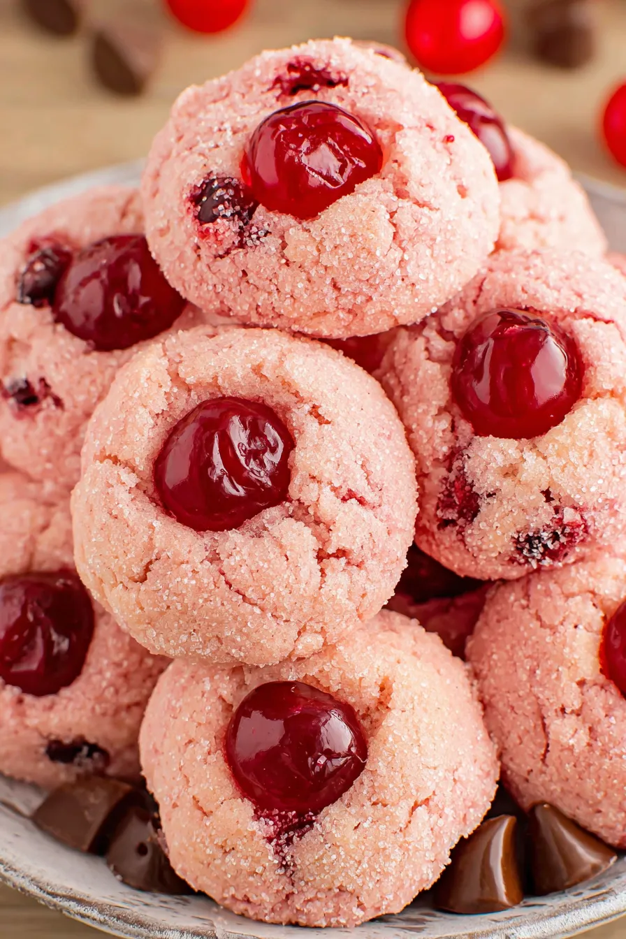 Close-up of a Cherry Kiss cookie with visible cherry pieces