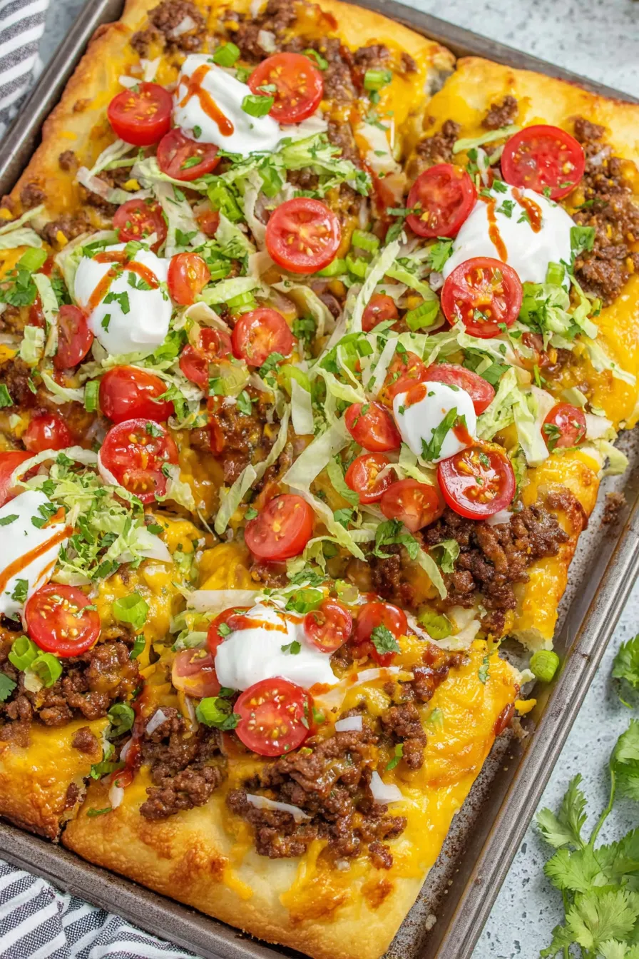 Taco Pizza on sheet pan with melted cheese