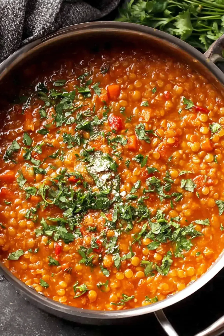 Pot of Italian lentil soup simmering