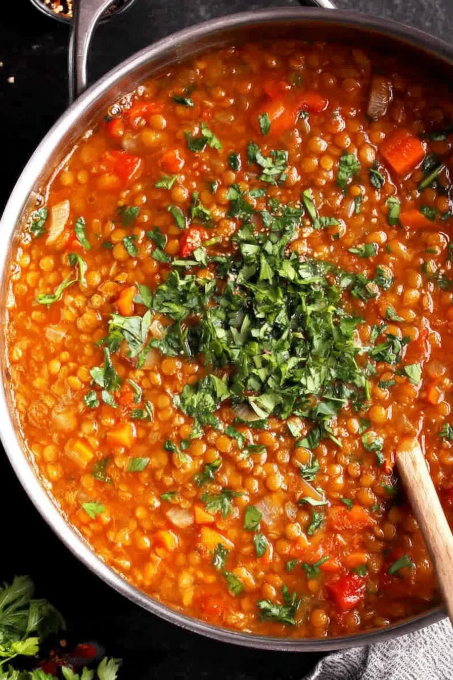 Bowl of lentil soup garnished with parsley and Parmesan