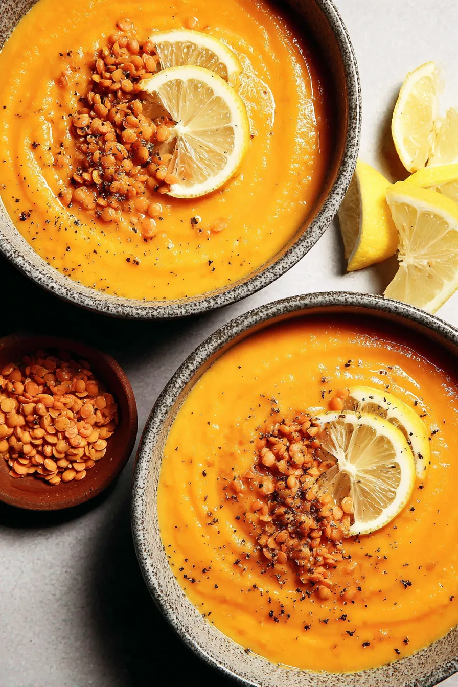 Bowl of lemon lentil soup with lemon wedge