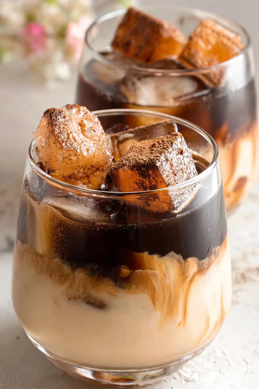 Two glasses with coffee ice cubes topped with Bailey\