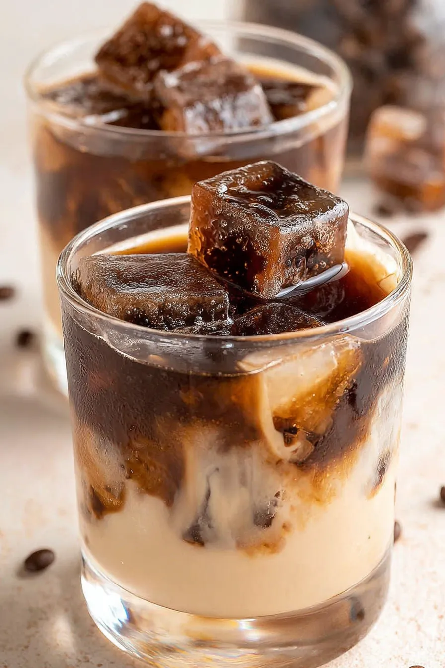 Glass with melting coffee ice cubes and creamy top, styled on wooden surface
