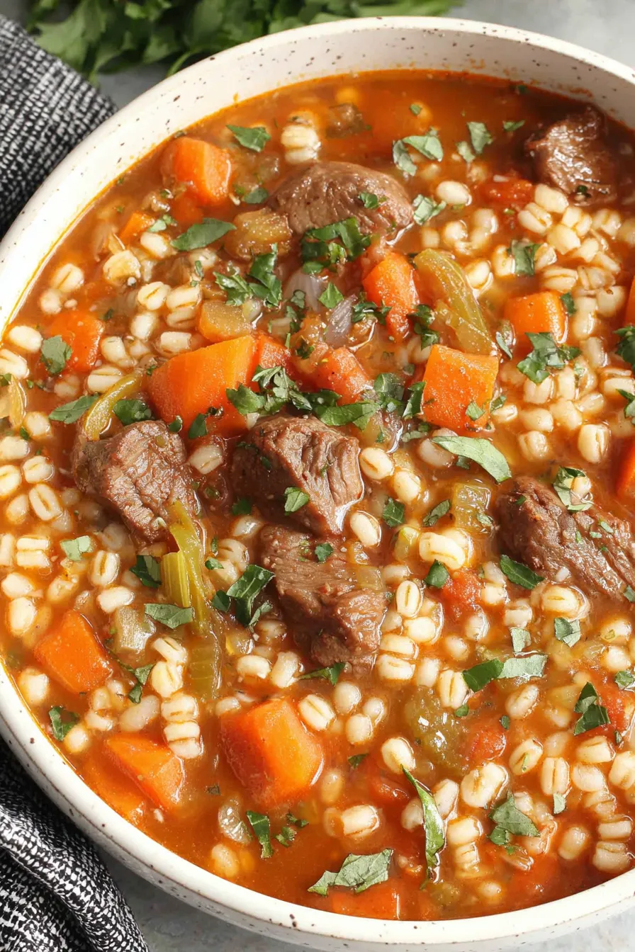 Bowl of hearty beef and barley soup in a rustic bowl