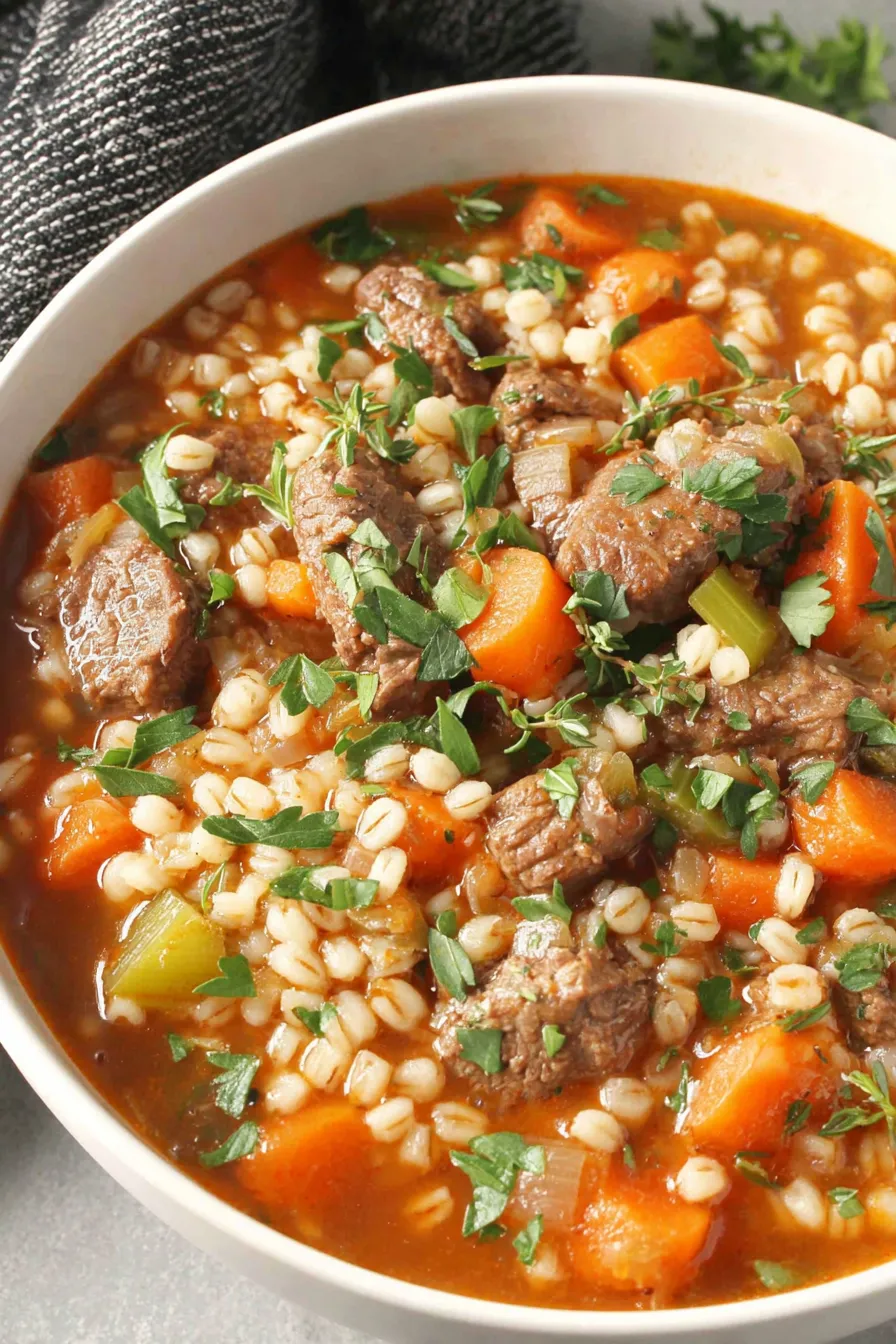 Ladle pouring beef and barley soup into a bowl