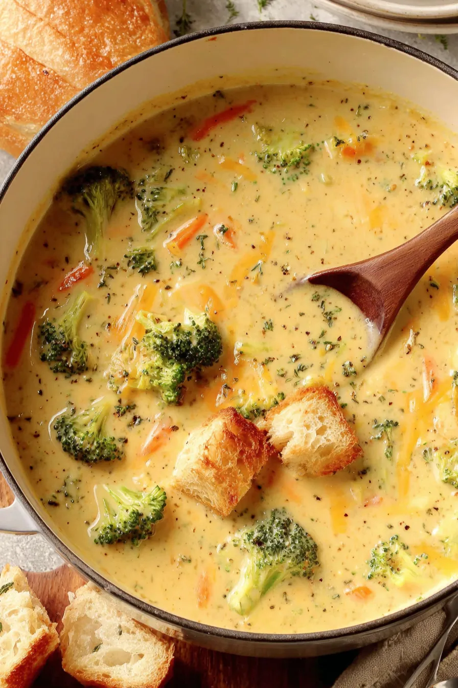 Creamy broccoli cheddar soup in a bowl with croutons