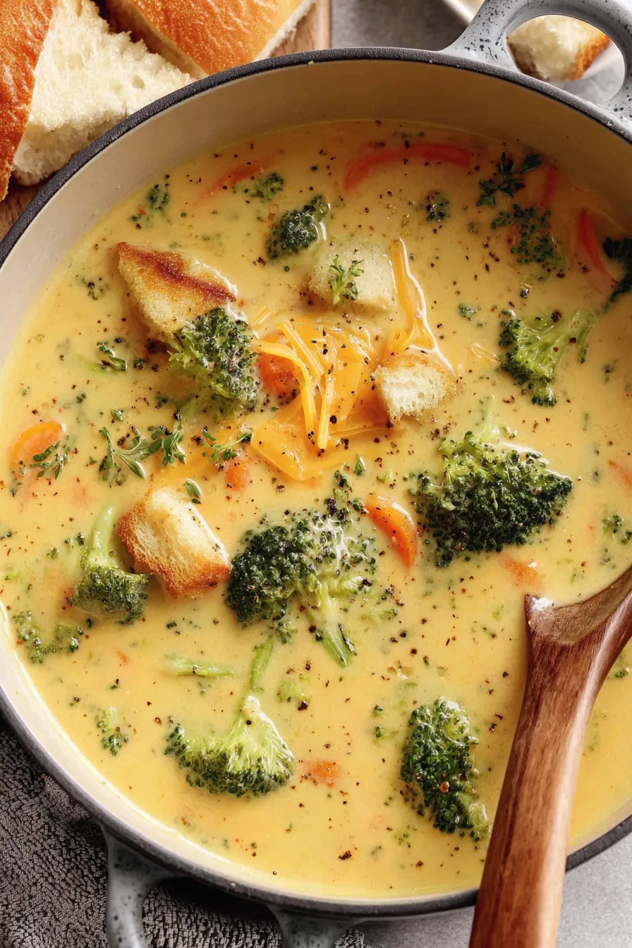 Close up of cheesy broccoli pieces in soup
