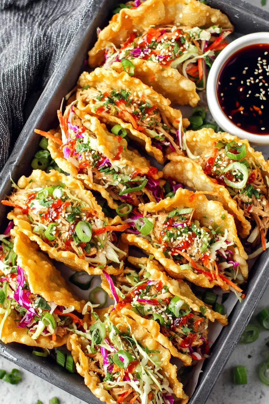 Baked wonton shells filled with Asian chicken and slaw