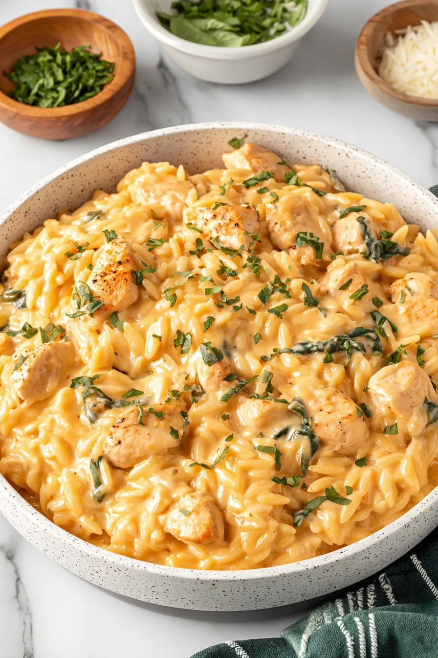 Close-up of orzo coated in creamy cheddar sauce
