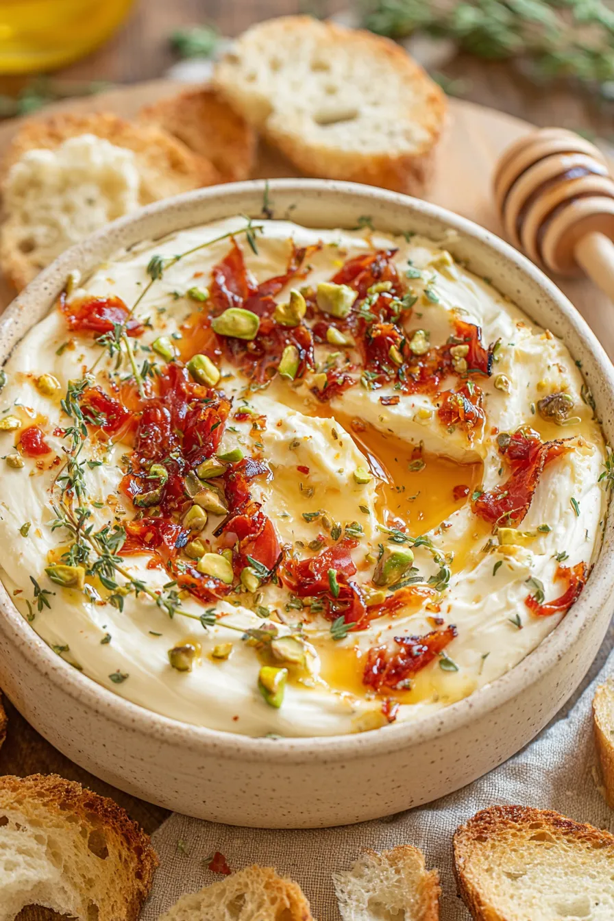 Whipped brie in a bowl topped with honey and prosciutto