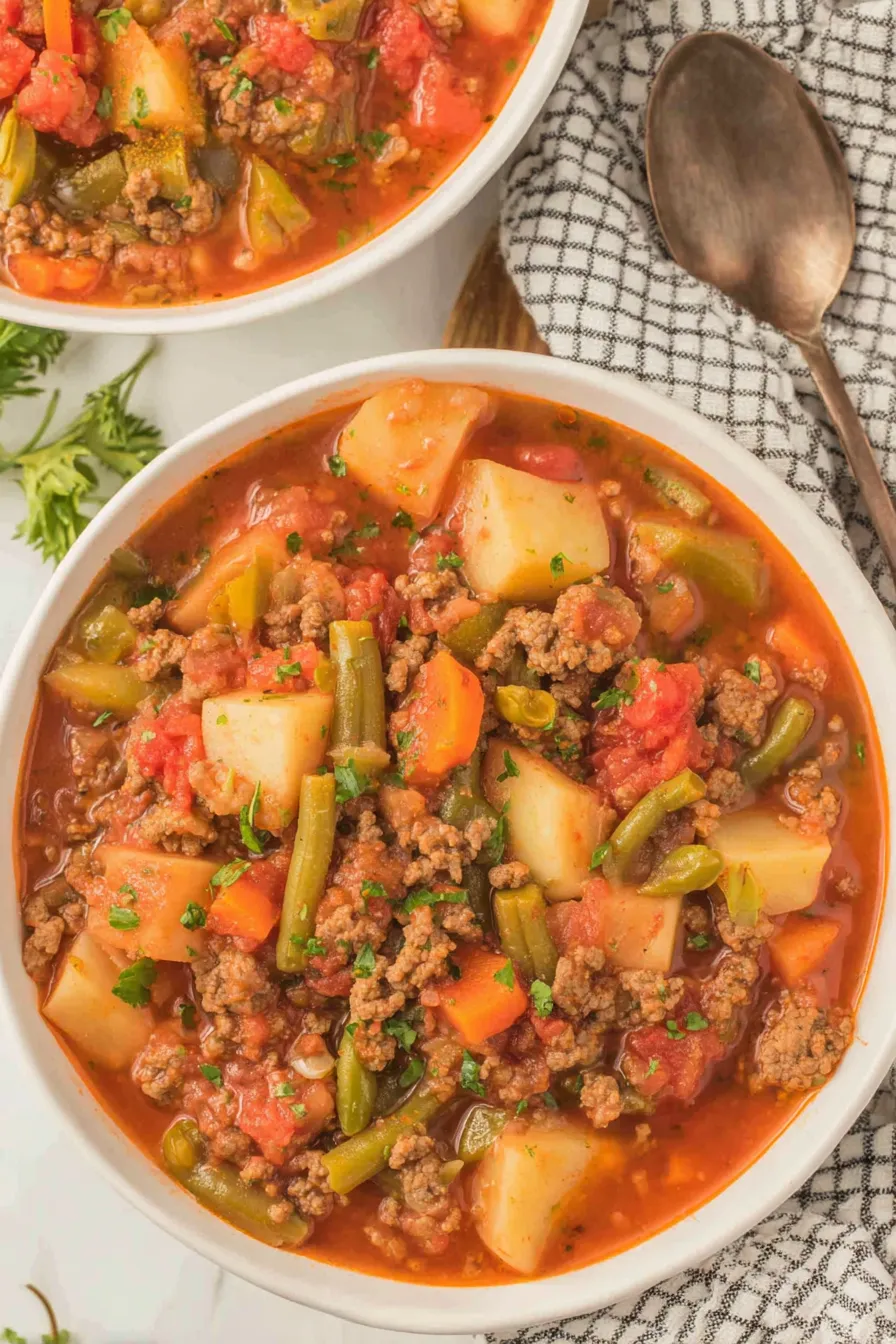 Bowl of hamburger soup with herbs