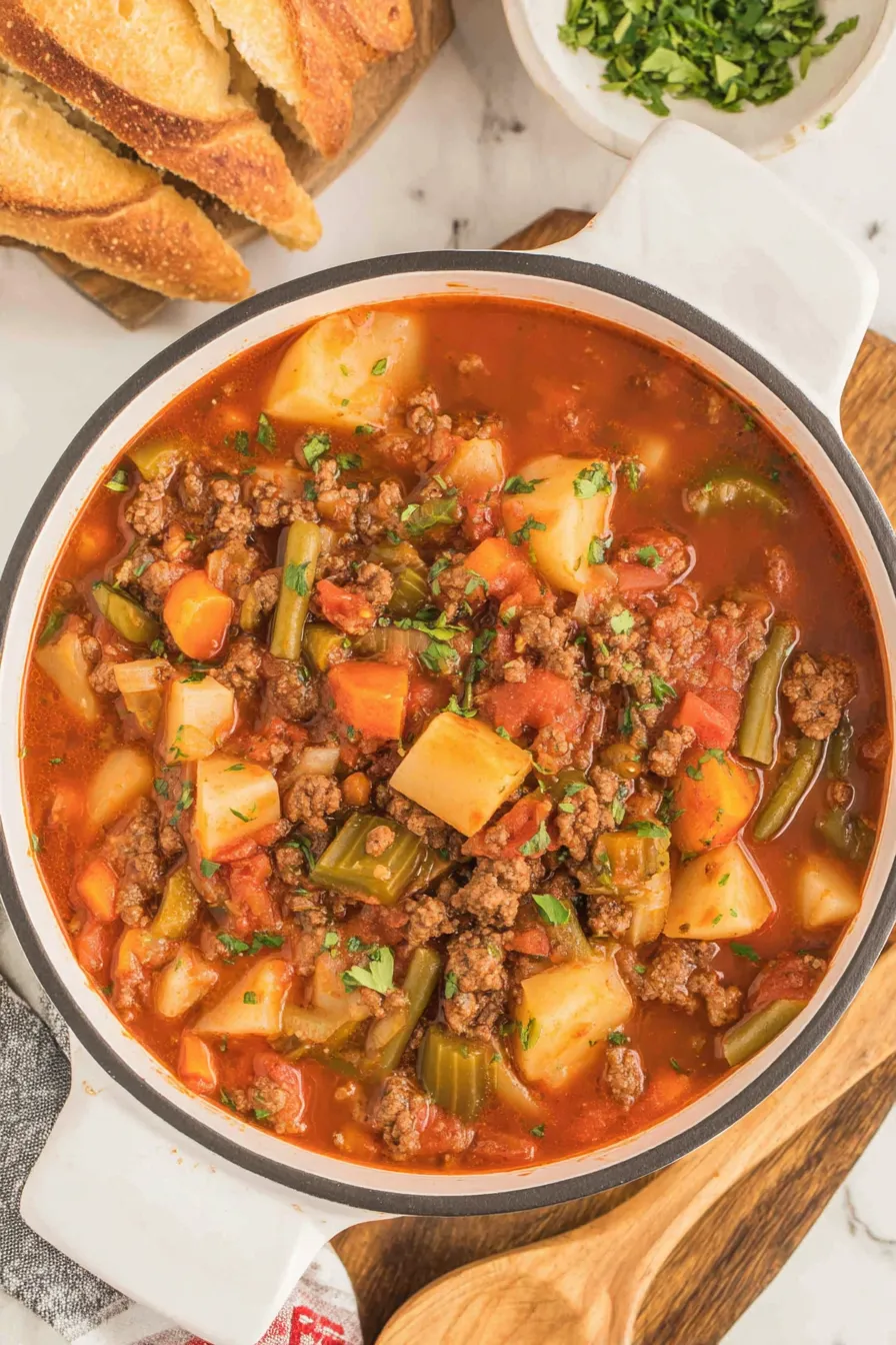 Spoonful of hamburger soup with vegetables