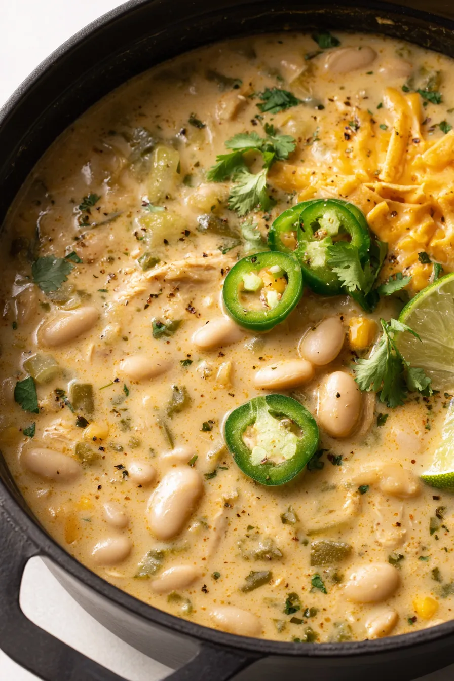 A steaming bowl of creamy green chicken enchilada soup with toppings