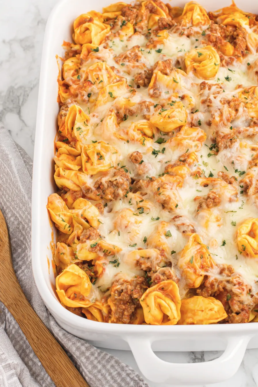 Close-up of baked tortellini portion plated