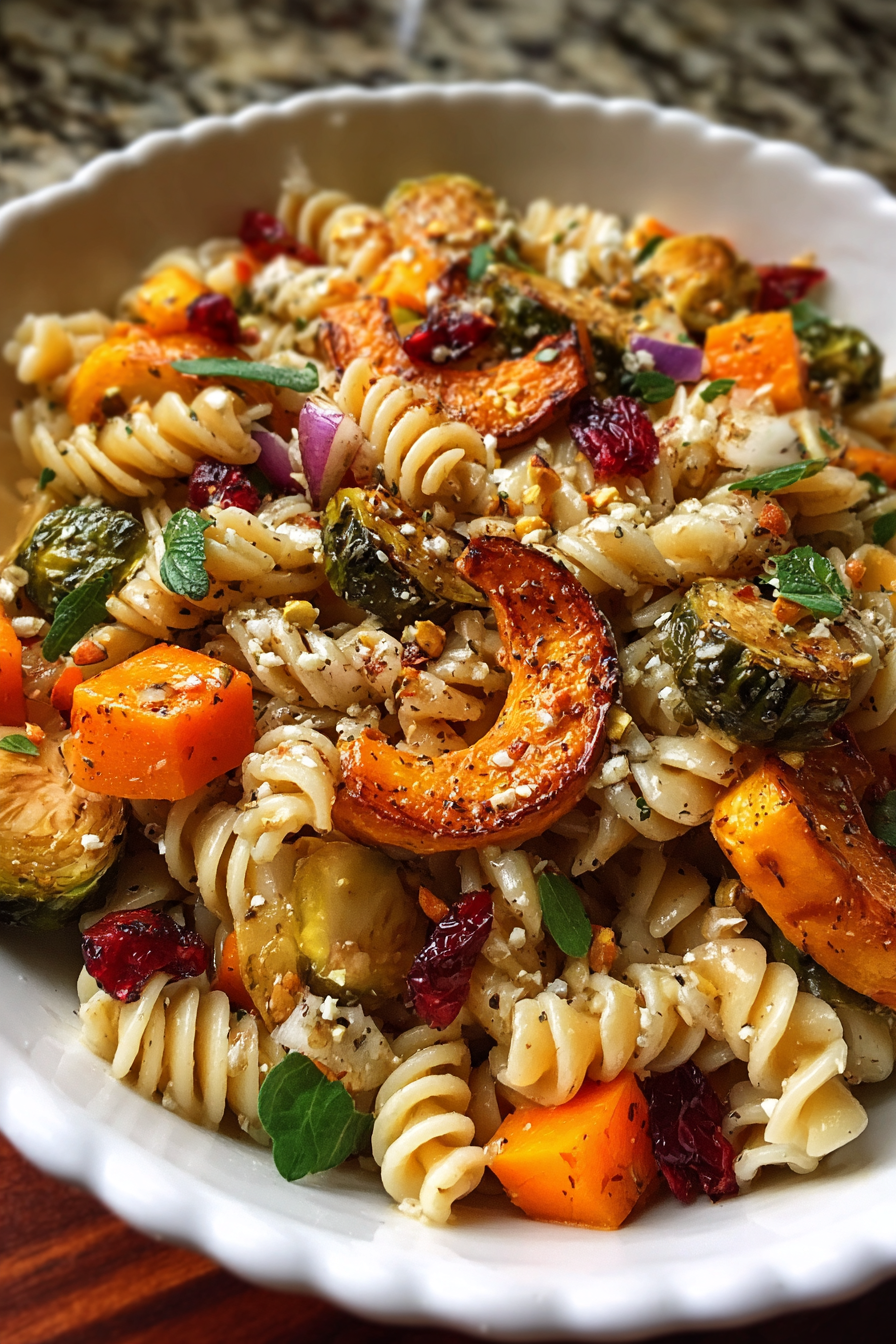 Roasted butternut squash and Brussels sprouts on baking sheet