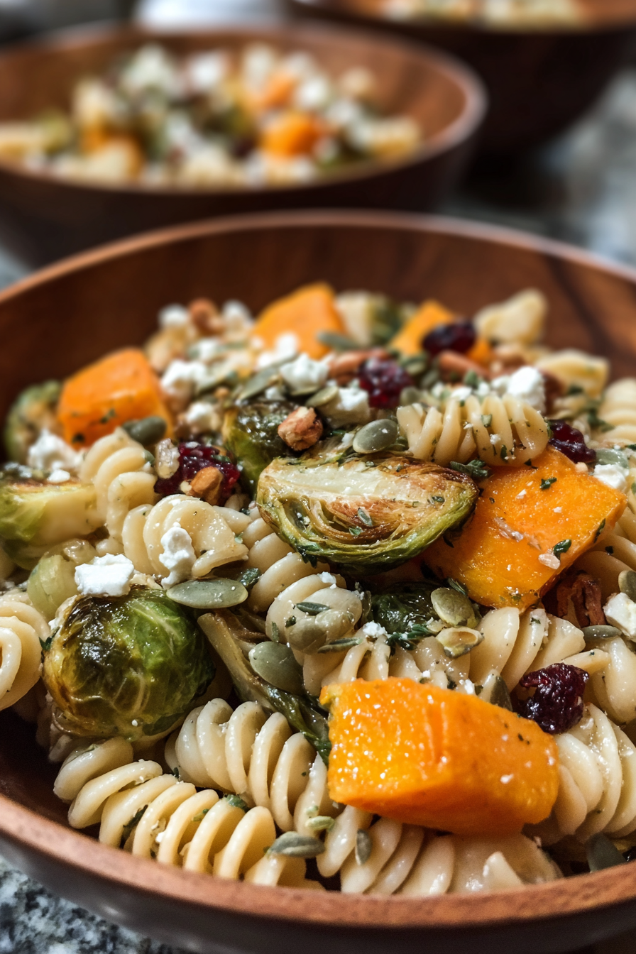 Bowl of fall pasta salad with pecans and feta