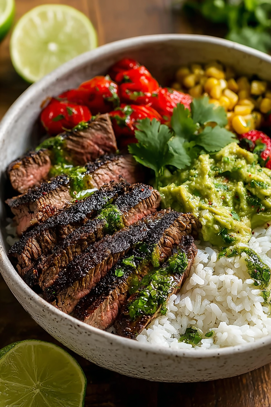 Assembled cilantro lime steak bowl with colorful toppings