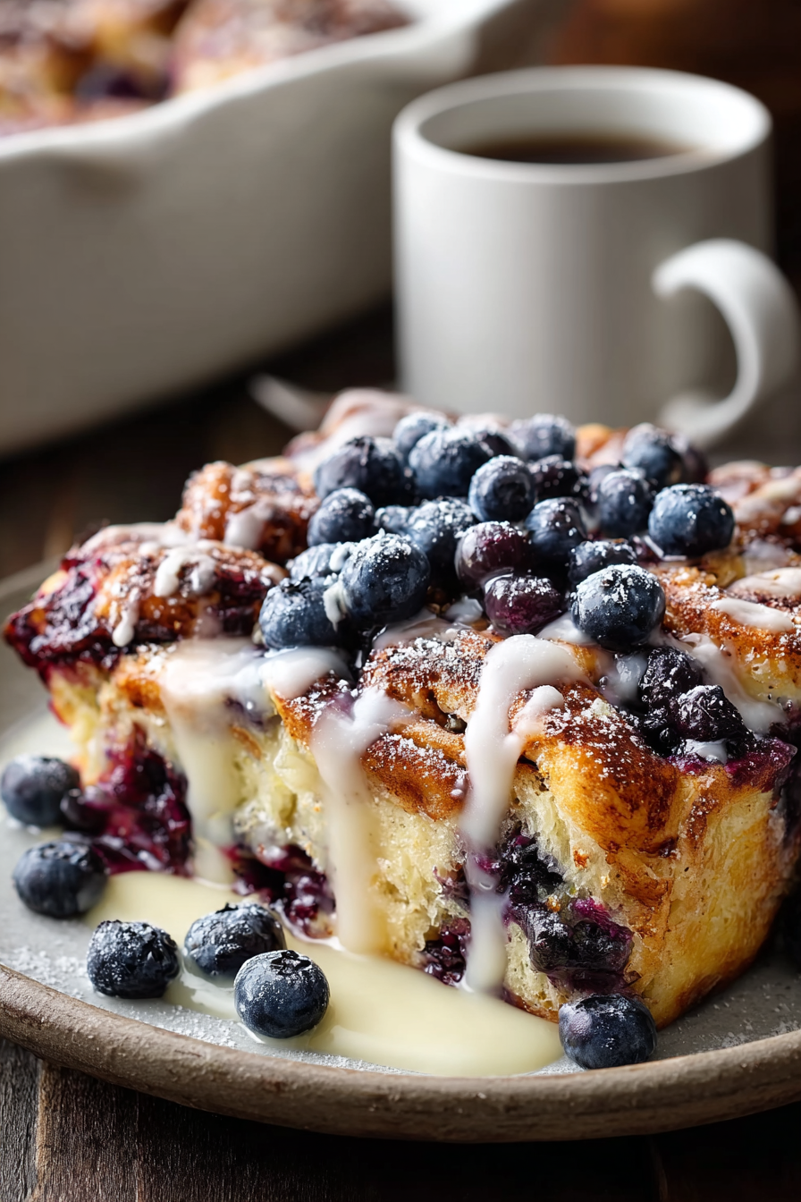 Blueberry cinnamon roll casserole in baking dish