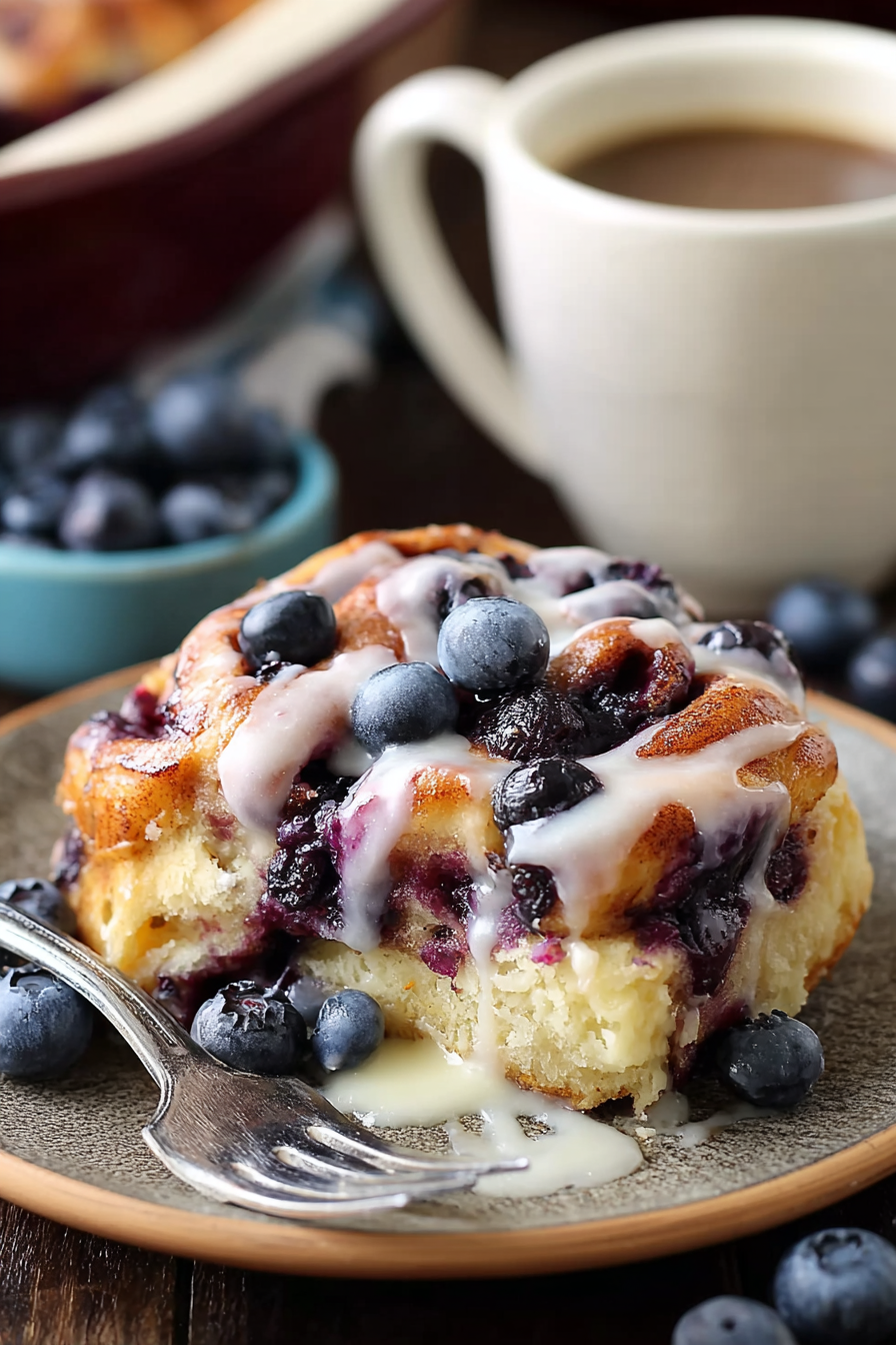 Close-up of blueberry cinnamon roll casserole slice