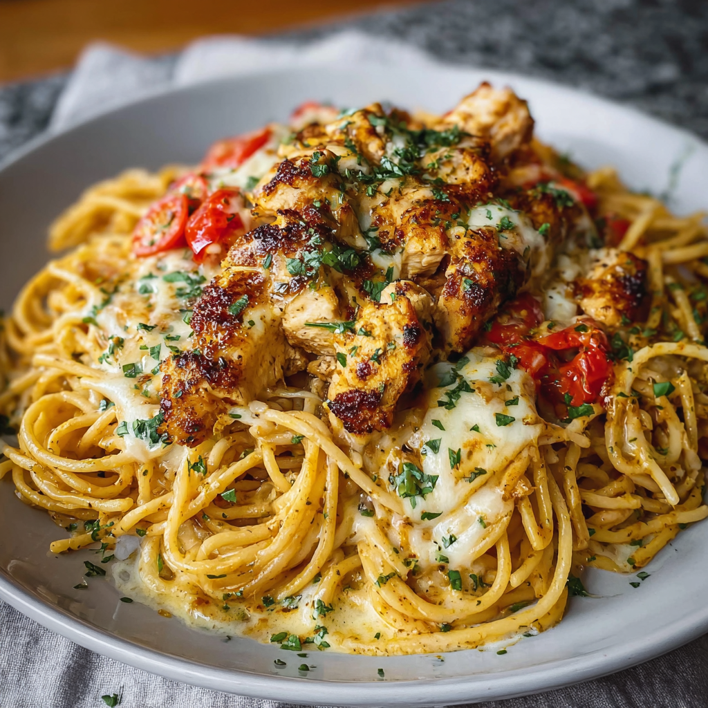 Easy Creamy Cajun Chicken Spaghetti with Garlic Mozzarella Sauce