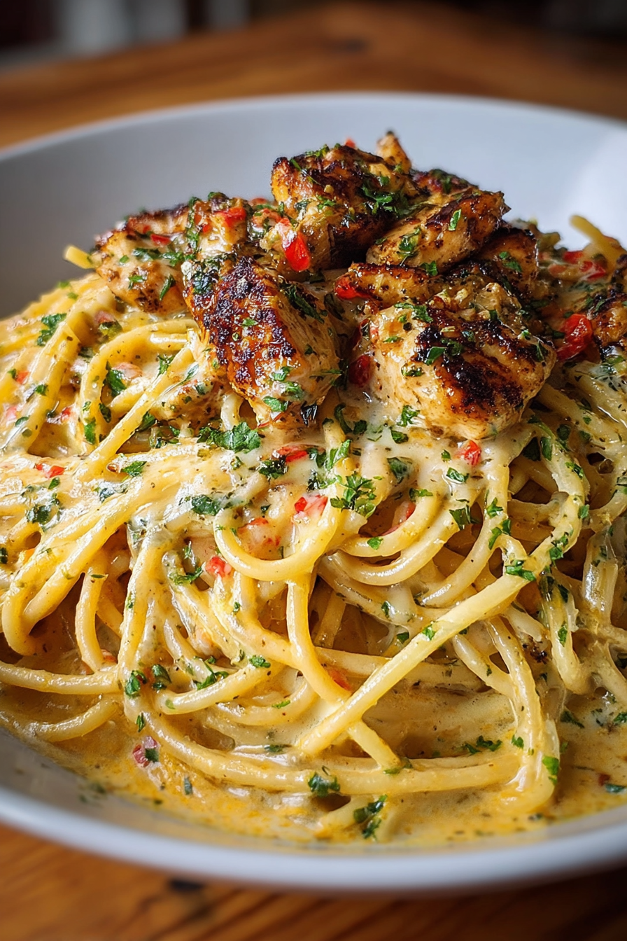 Skillet of creamy Cajun chicken spaghetti with melted mozzarella