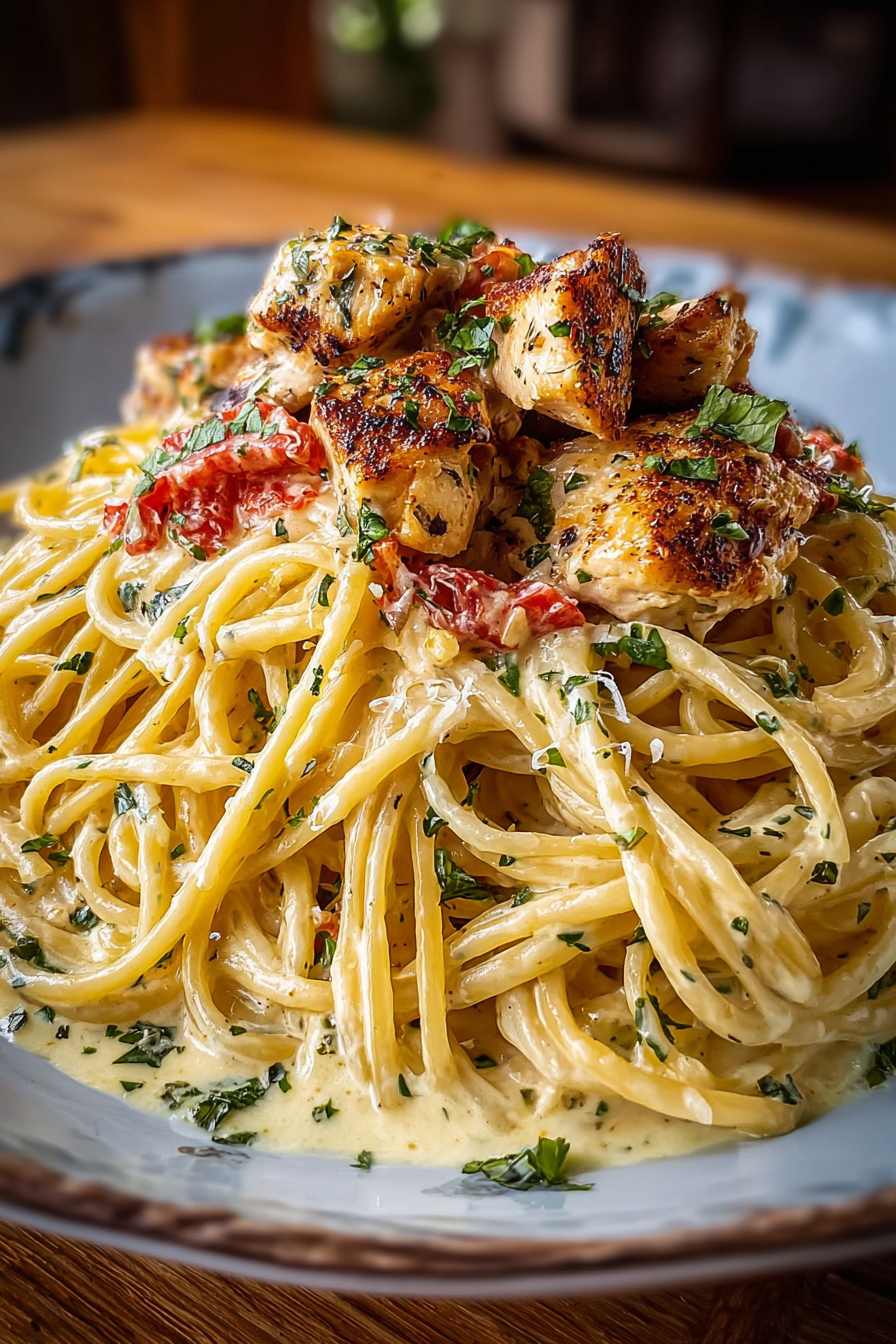 Close-up of spaghetti strands coated in creamy garlic sauce