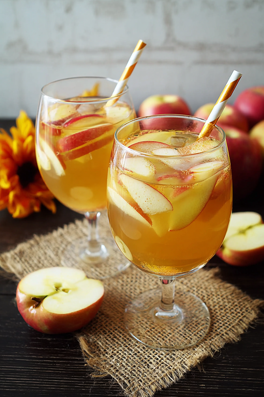 Caramel Apple Sangria pitcher with apples and cinnamon
