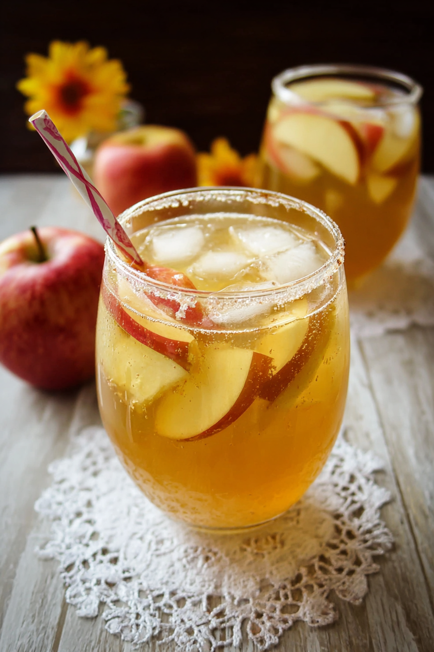 Glasses of apple sangria with cinnamon sticks