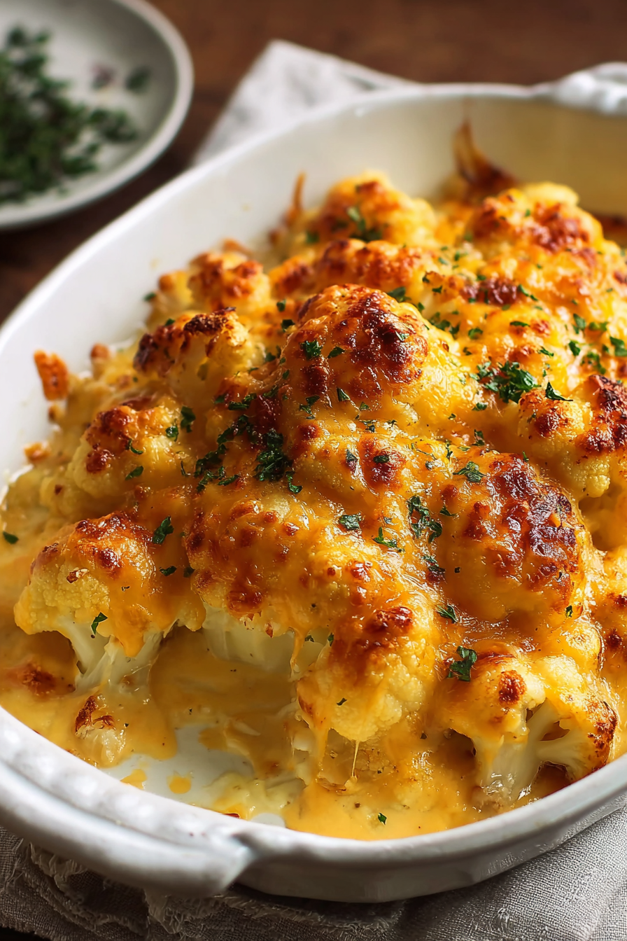 Cheesy cauliflower in a baking dish before browning