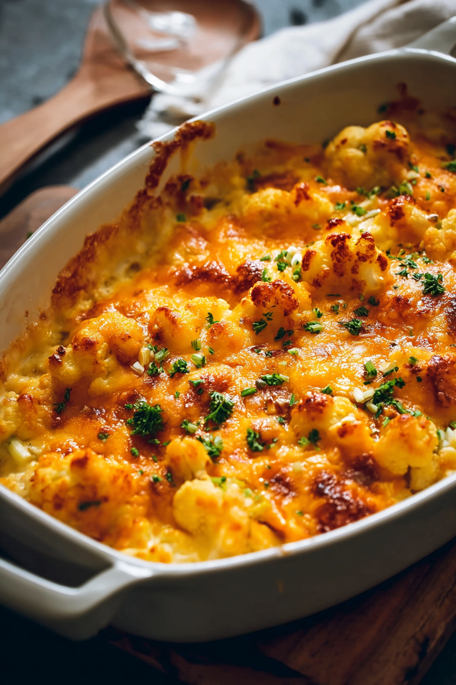 Close-up of cheesy cauliflower with golden breadcrumb topping