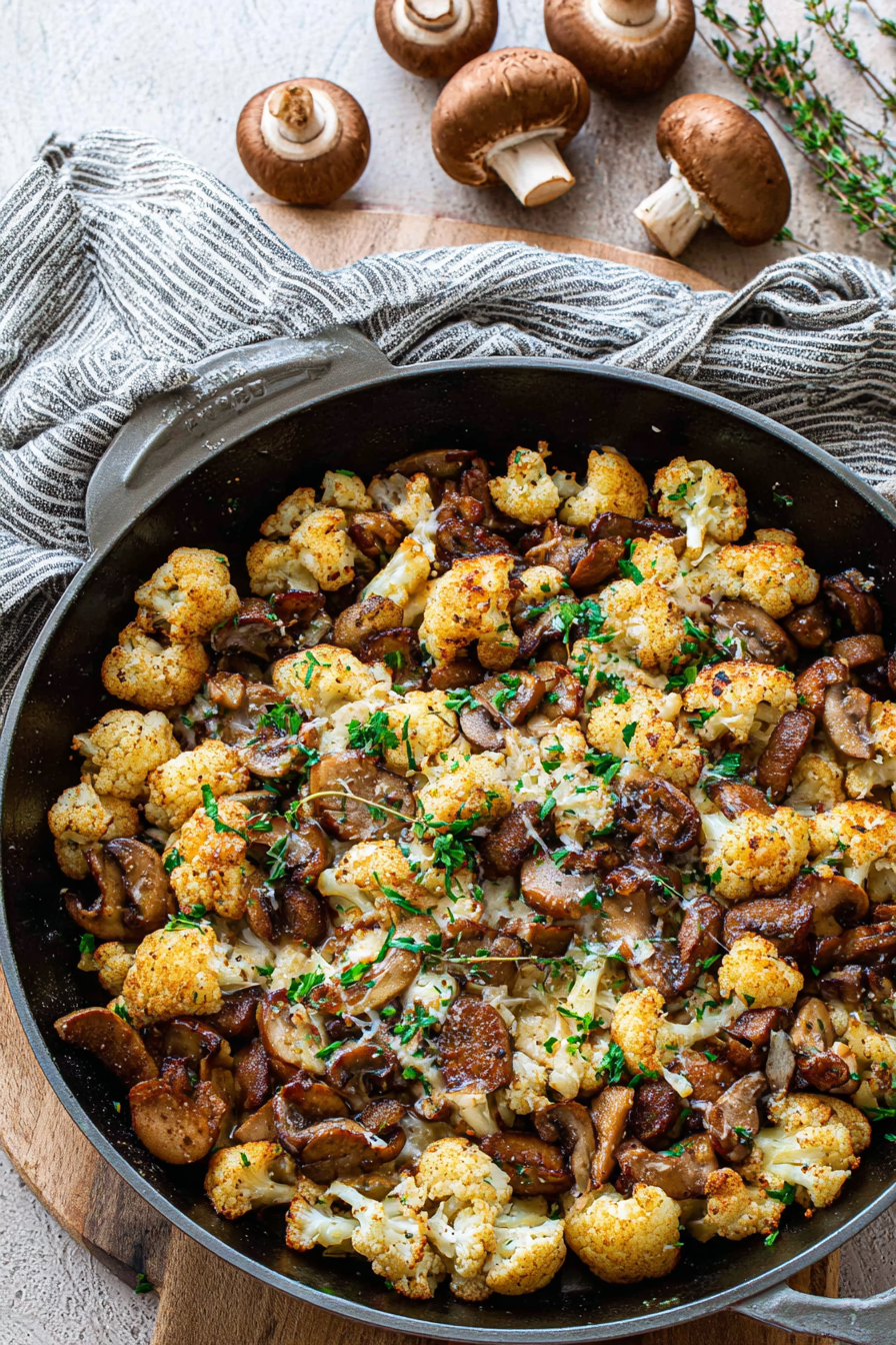 Golden cauliflower and sautéed mushrooms in skillet