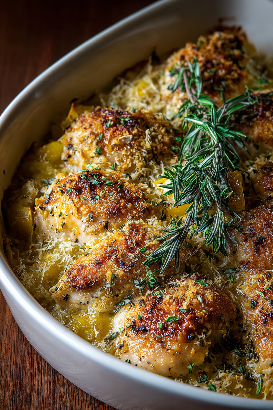 Savory Baked Herb Chicken Casserole in a baking dish with golden topping