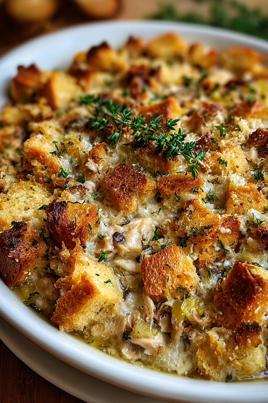 Golden stuffing topping with melted butter and cheddar