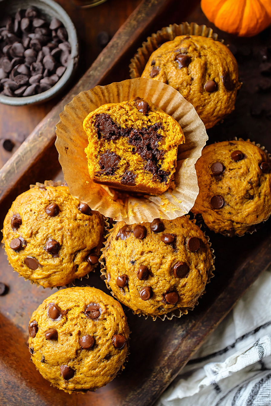 Pumpkin chocolate chip muffins on a cooling rack